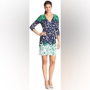 Sandra Darren Faux Wrap Green and Blue  Dress Sz 10